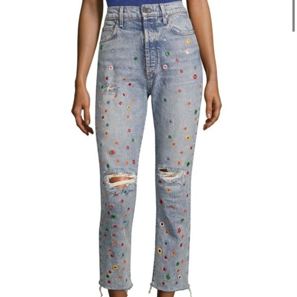 Alice + Olivia Girlfriend Grommet Straight Leg Ankle Jeans Blue Denim Size 24